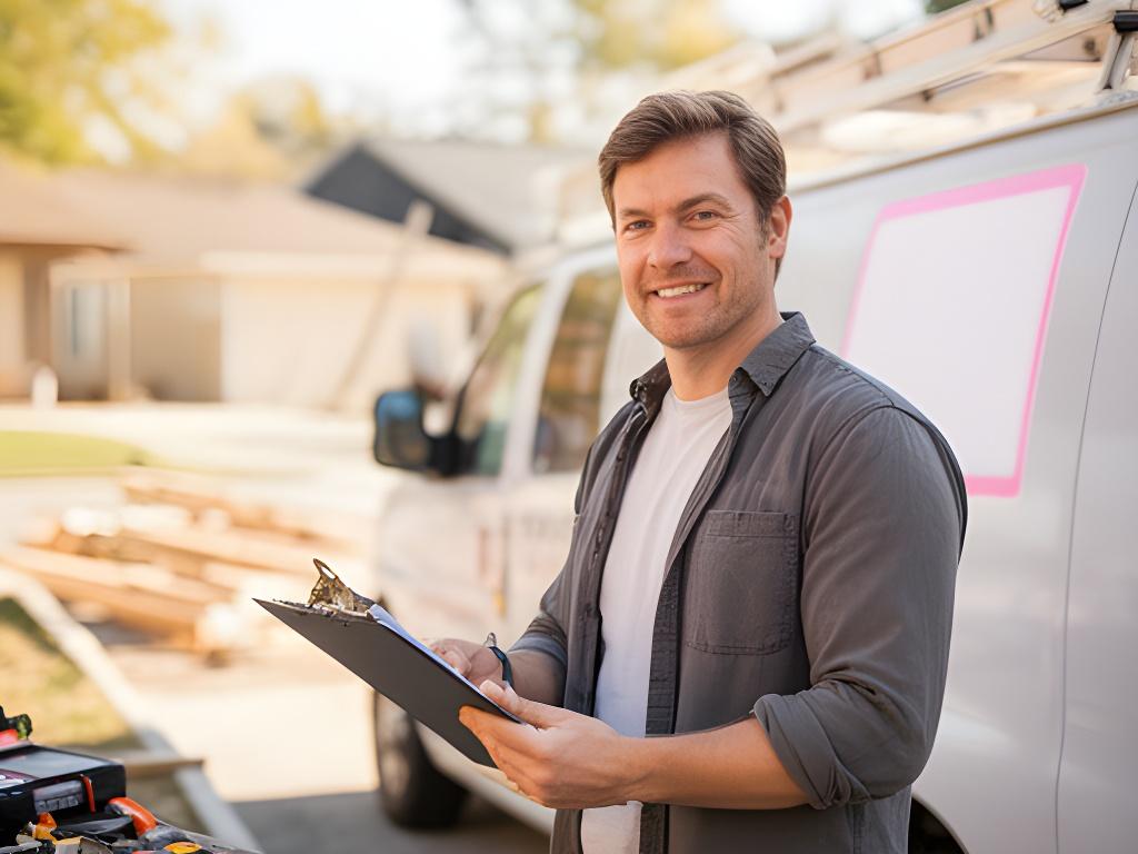 Founder reviewing a clipboard beside a service van at a bright Lancaster County job site