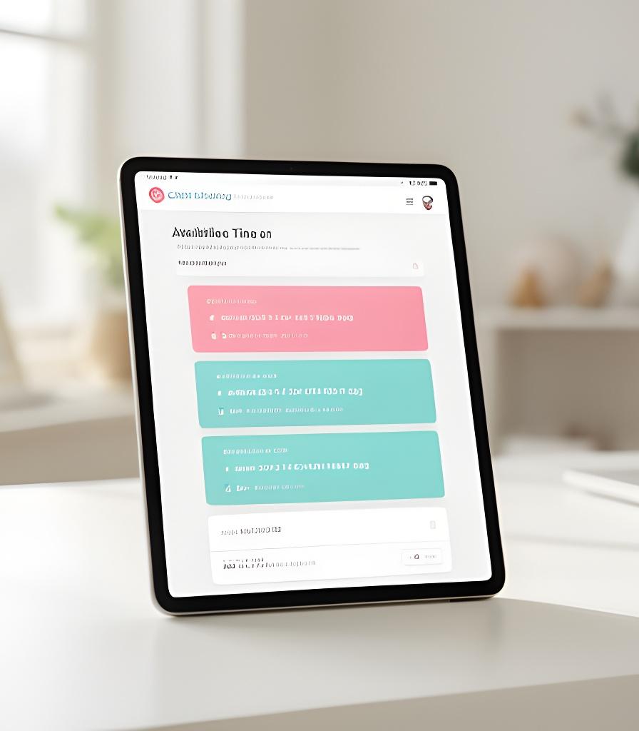 A client booking portal on a tablet in a bright home office, showing available time slots and appointment details