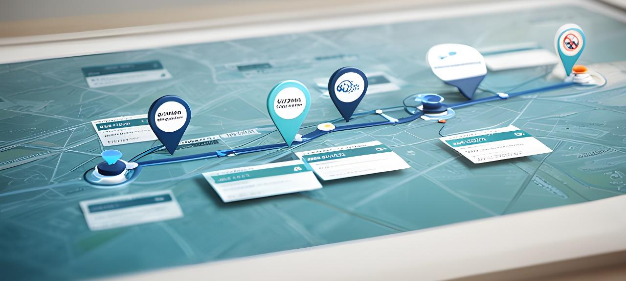 A route planning board with address pins, appointment cards, and a simple driving path for a mobile service team