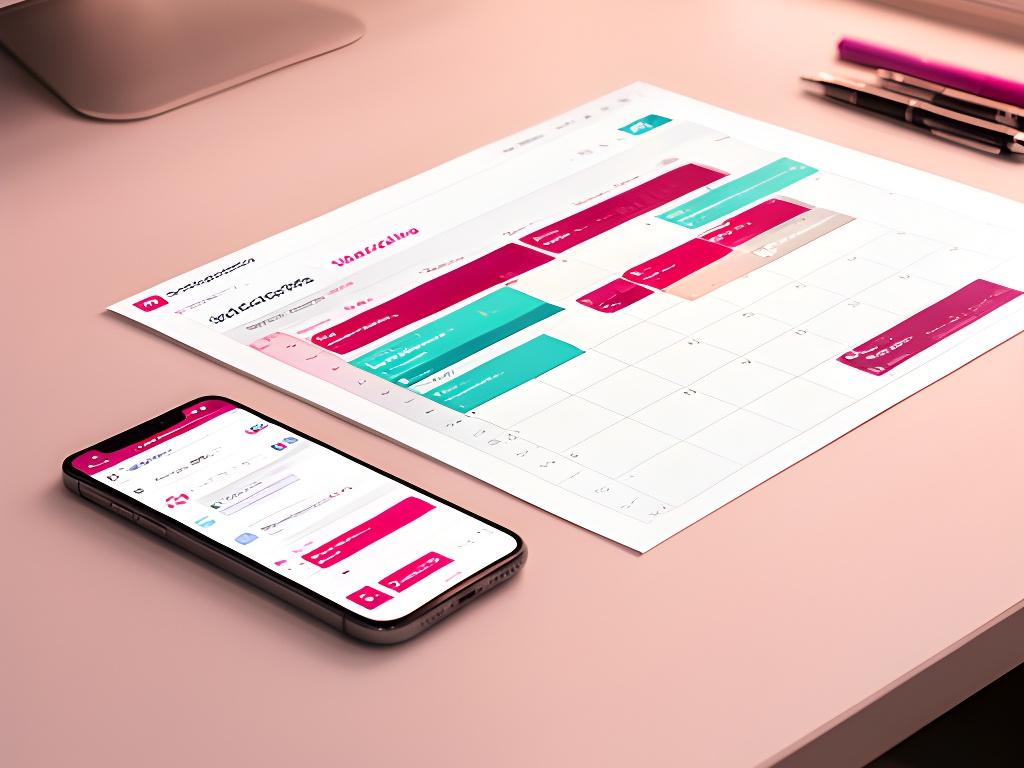 A service scheduling dashboard on a desk beside a phone, showing colour-coded appointments and a clean weekly calendar