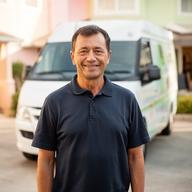 Portrait of a local service owner standing beside a branded van in a neighbourhood driveway