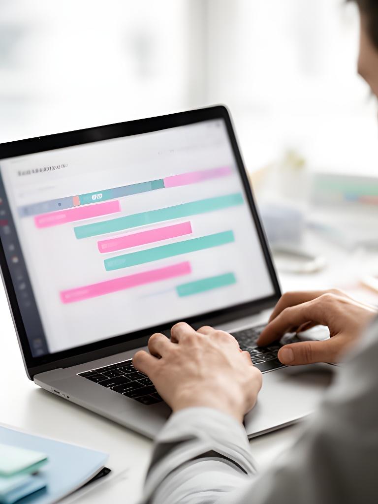 Project manager reviewing colour coded timelines on a laptop in a bright studio office
