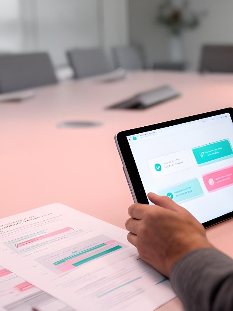Client portal approval screen shown on a tablet beside printed project notes in a modern meeting room