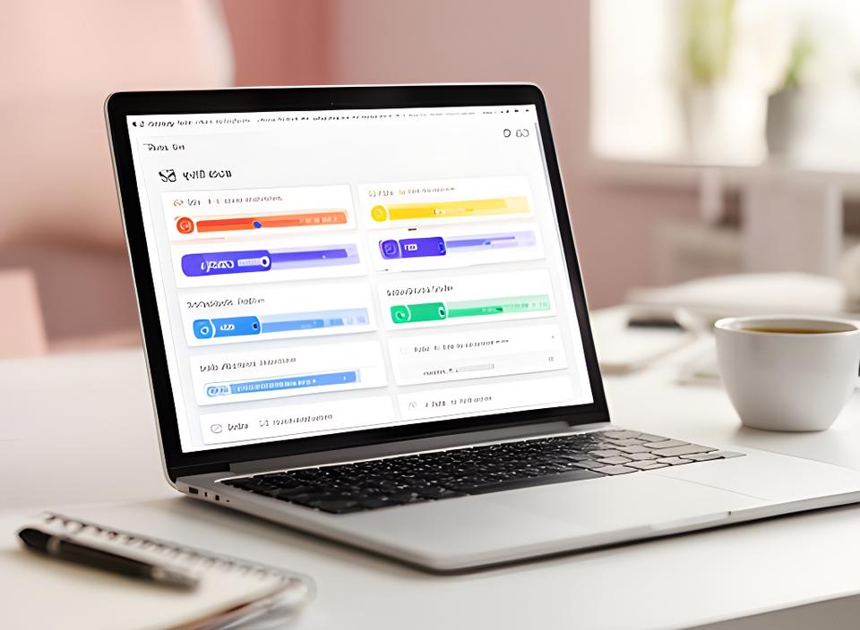 Laptop showing a task dashboard in a bright office with live task cards, progress charts, and scheduled jobs