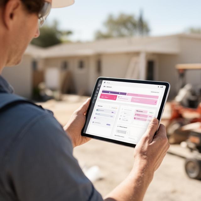 Handyman holding a tablet on a bright job site with a live service dashboard open