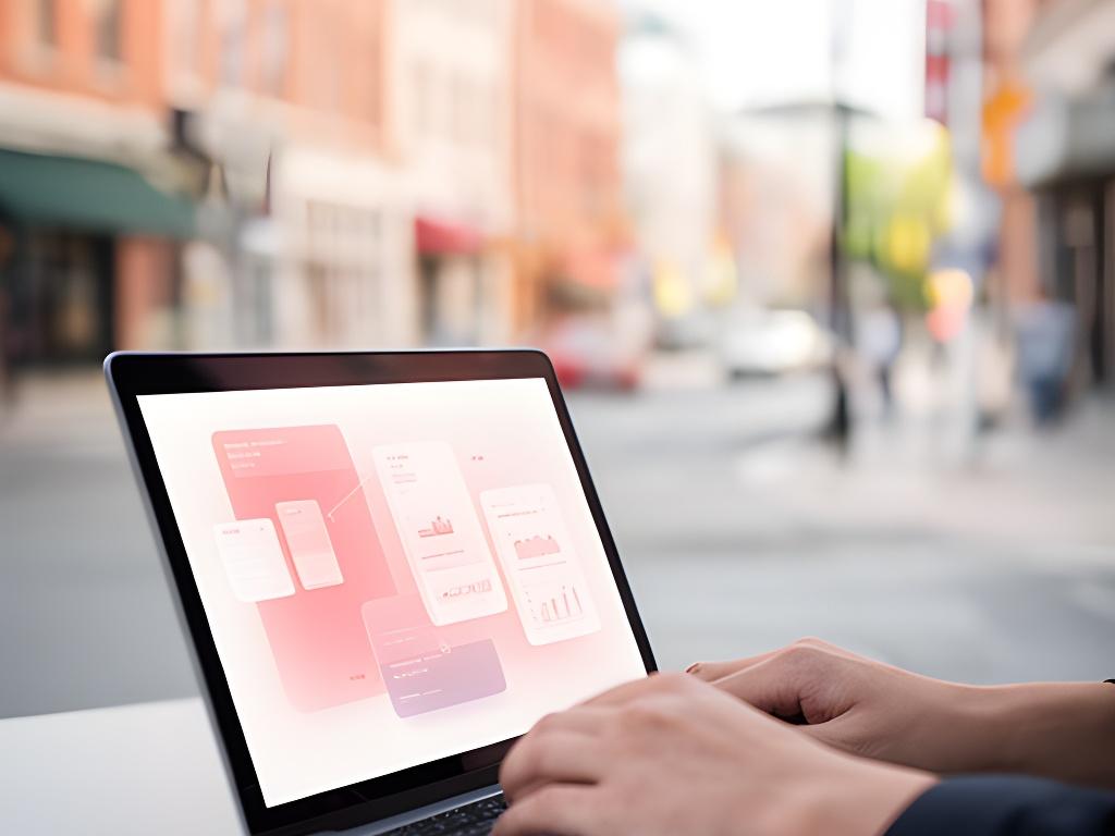Small business owner reviewing a dashboard beside a bright Lancaster streetscape on a laptop screen