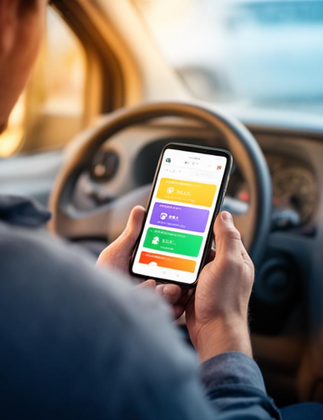 Service technician using a phone app in a van with job updates and notifications on screen
