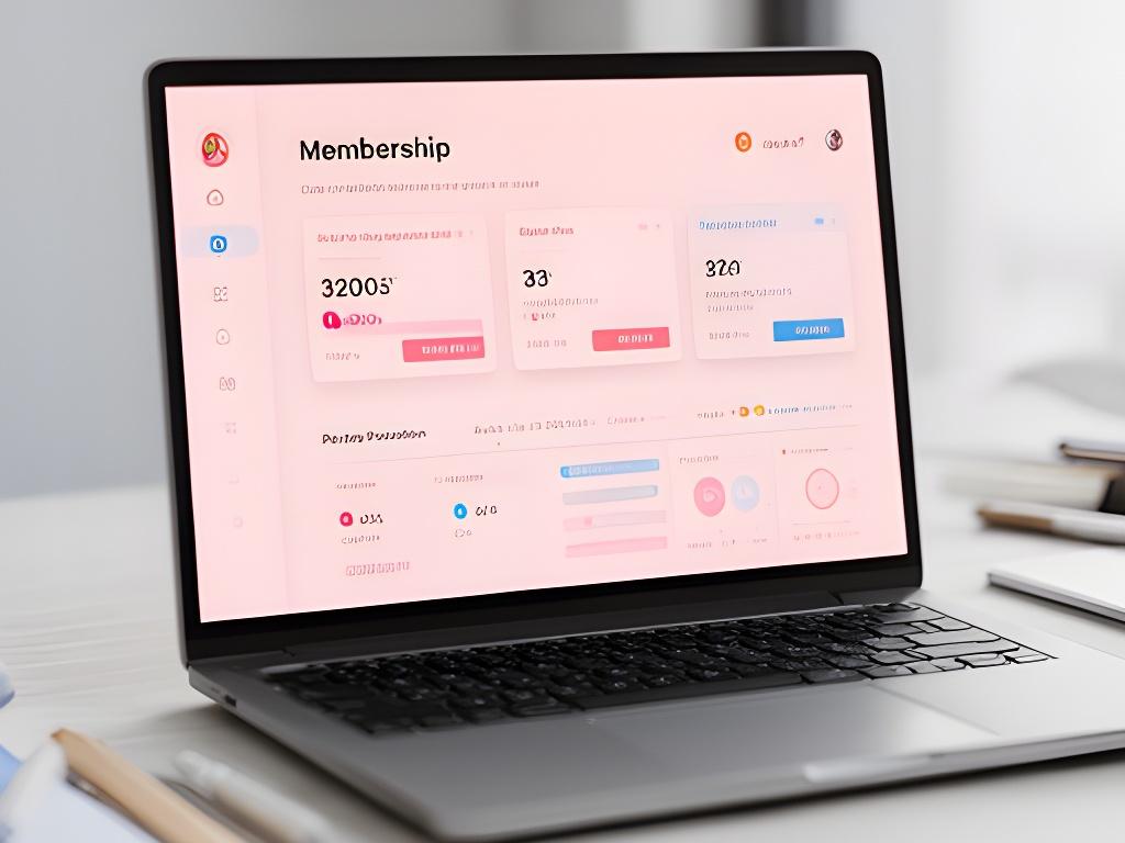 A modern membership dashboard showing plan cards, renewal totals, and payment alerts on a clean office screen