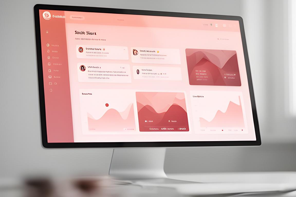 Clean SaaS dashboard preview with task cards, live metrics, and soft pink interface accents on a desk screen
