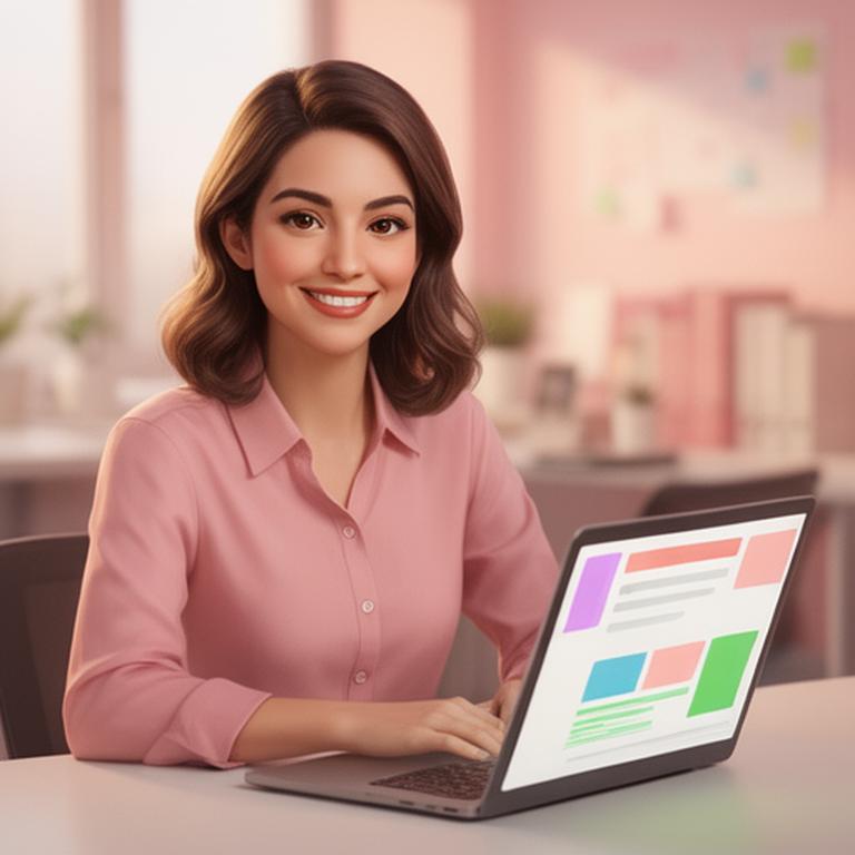 Friendly support rep illustration in a softly lit office with pink and green accents, smiling beside a laptop