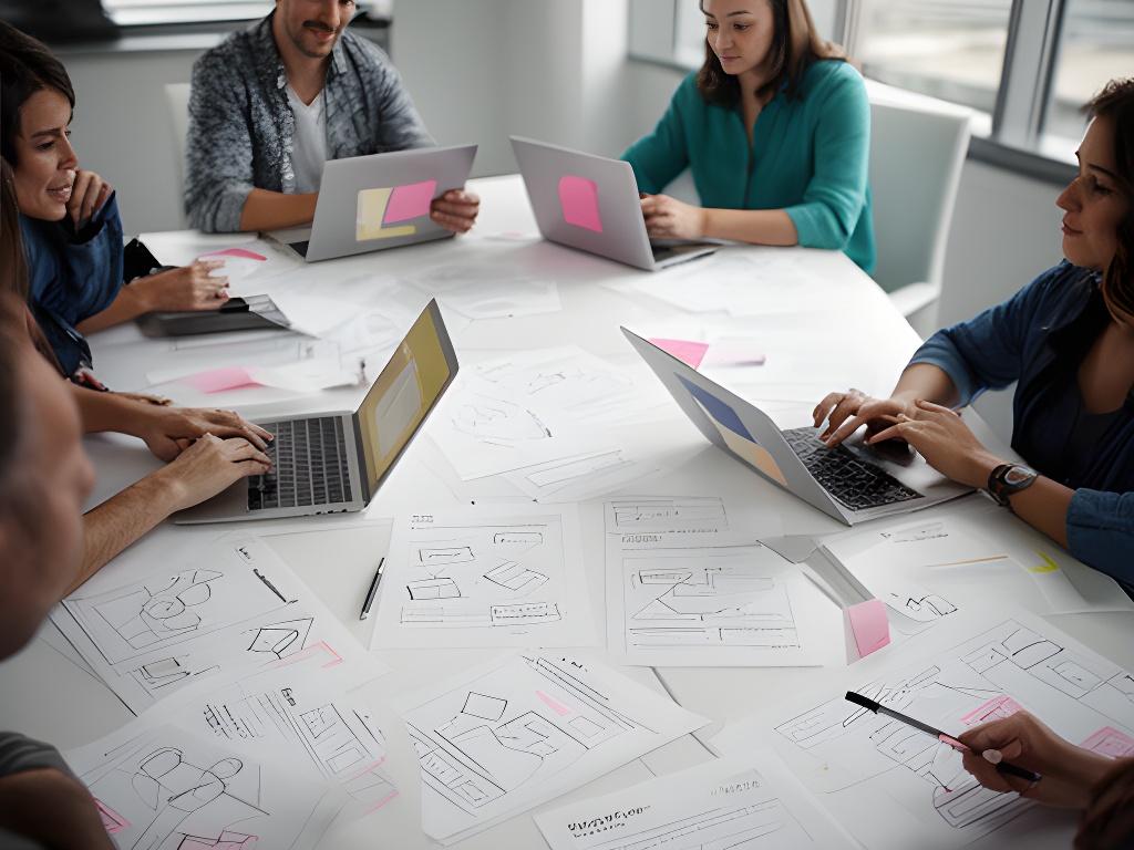 Small SaaS team collaborating around a table with sketches, laptops, and printed support notes