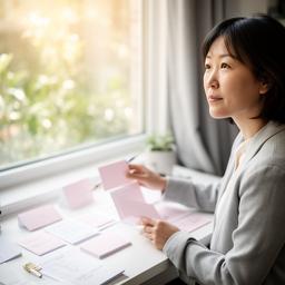 Mei Hart reviewing interface notes beside a window with printed planning cards on the desk