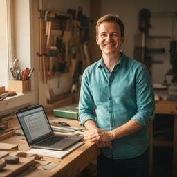 Owen Price standing beside a laptop in a workshop-style studio with warm natural light