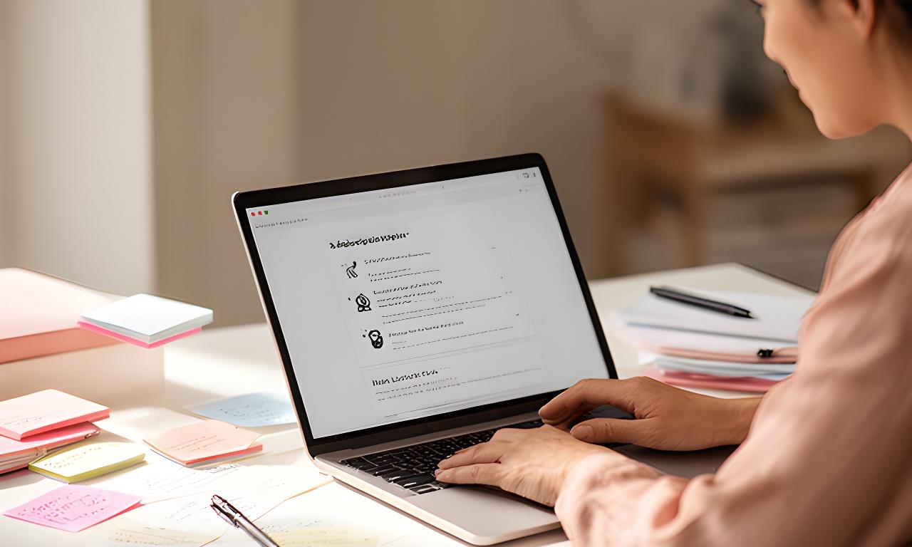 Small business owner reviewing subscription terms on a laptop beside a tidy workspace and notes