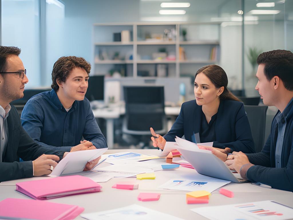 Focused team in a modern office discussing customer support and legal documents around a conference table