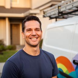 Cleaning company owner smiling beside a branded van outside a client property