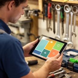 Handyman business owner reviewing a tablet beside tools in a workshop